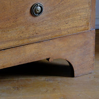 Raised on a shaped arched plinth with delicate scroll returns - Late Georgian Anglo-Chinese Padauk Chest of Drawers with Mitred Face Frame and Original Brass Side Carrying Handles
