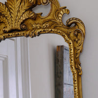 Close up of the the crest on an Edwardian Queen Anne Revival carved giltwood wall mirror with Prince of Wales feather crest, c.1900-