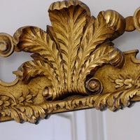 close up of the Prince of Wales crest on an Edwardian Queen Anne Revival carved giltwood wall mirror with Prince of Wales feather crest, c.1900