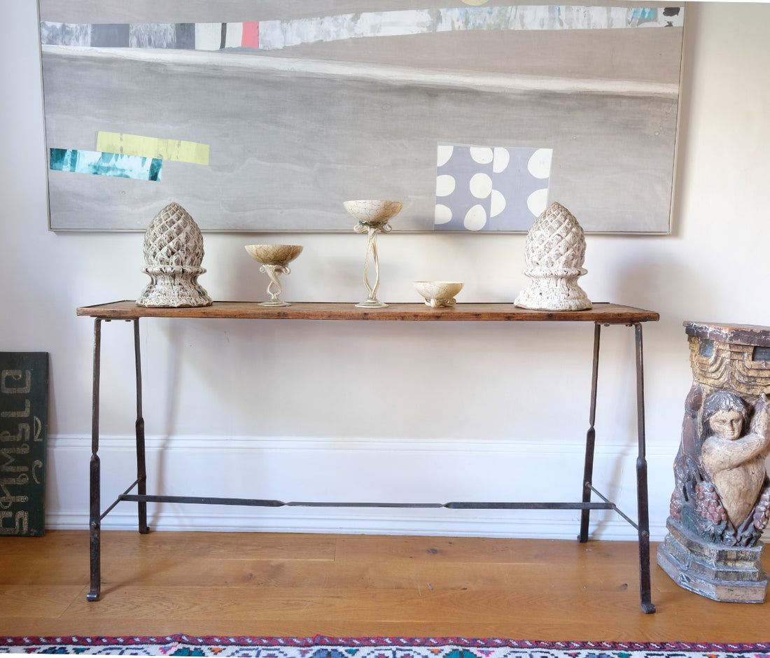 Contemporary wrought iron pine console table rustic industrial style