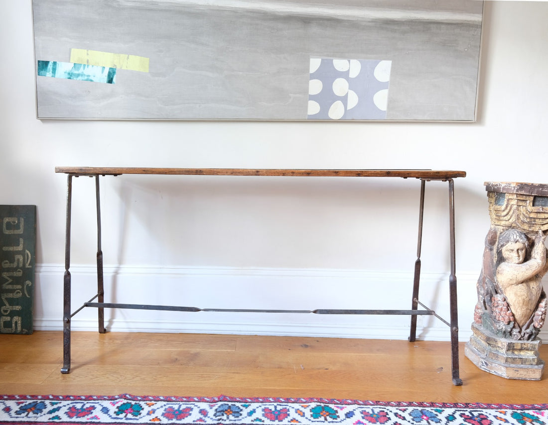 Contemporary wrought iron pine console table rustic industrial style