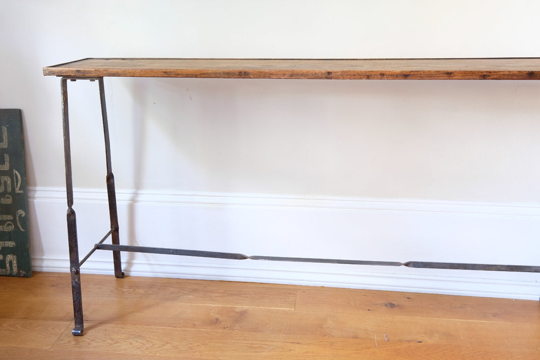 Contemporary wrought iron pine console table rustic industrial style