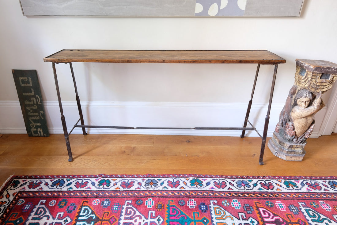 Contemporary wrought iron pine console table rustic industrial style