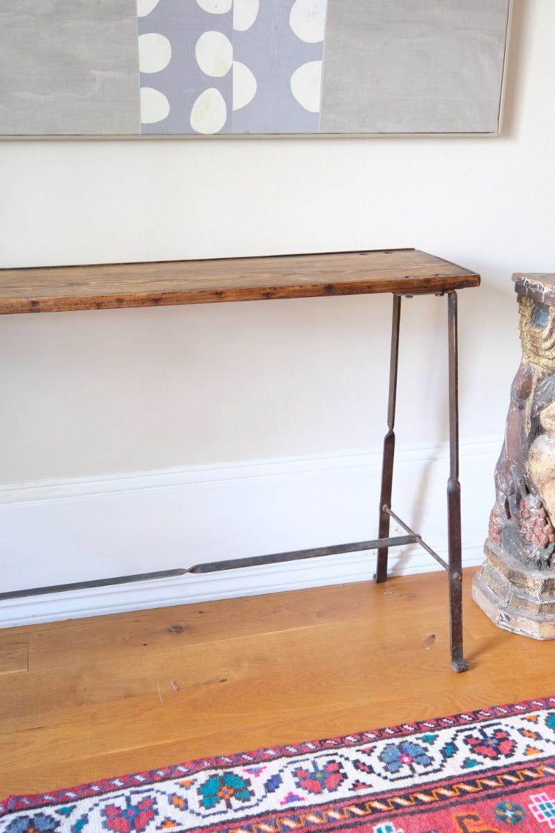 Contemporary wrought iron pine console table rustic industrial style