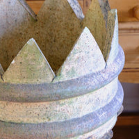 Crown close ups on the Late Victorian English buff terracotta crown chimney pot c.1880 with vented body and moulded architectural decoration