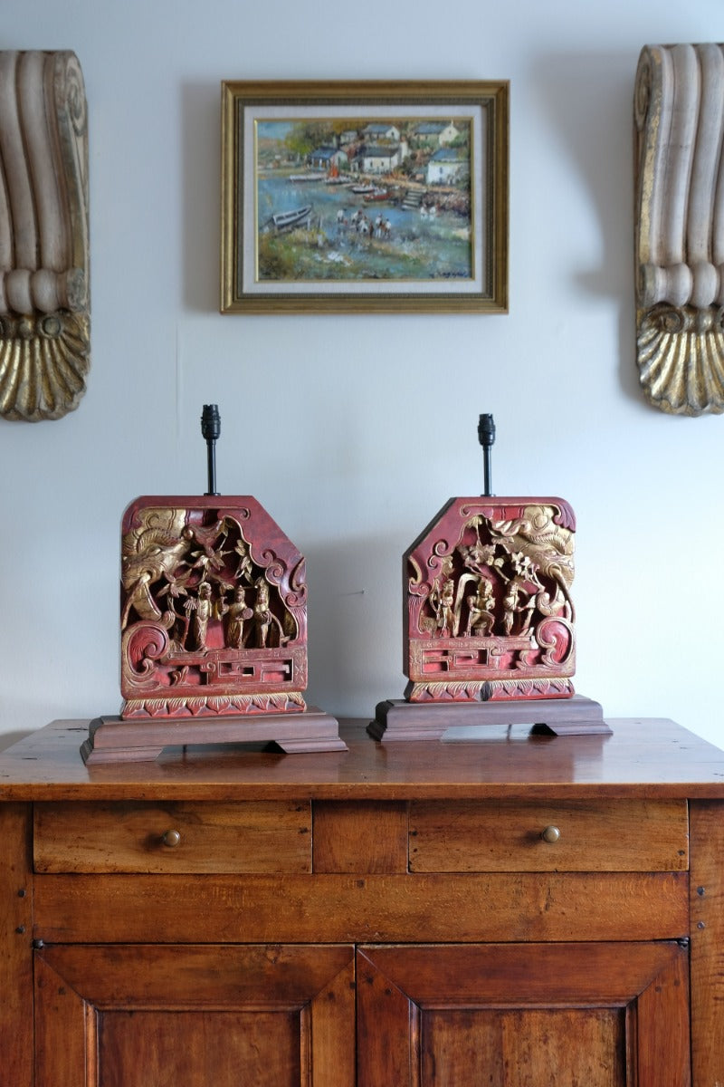 pair carved polychrome oriental table lamps elephant relief