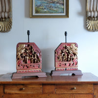pair carved polychrome oriental table lamps elephant relief