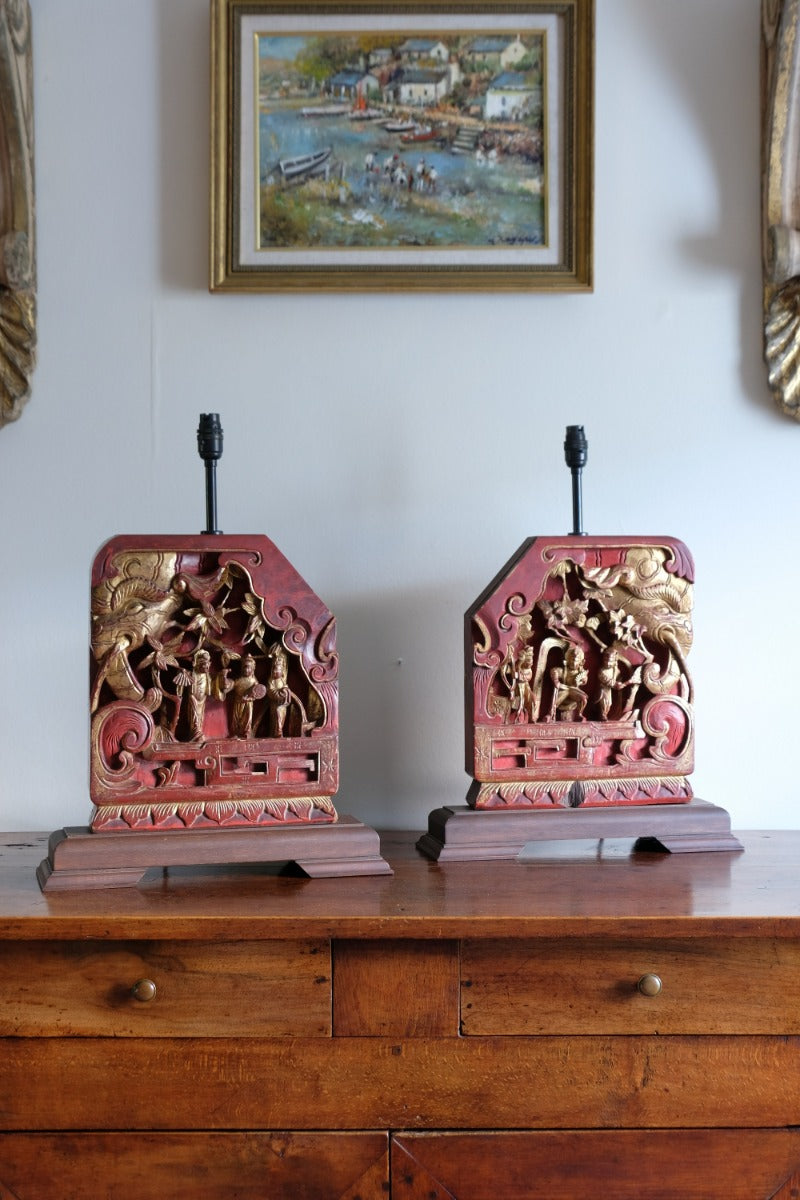 pair carved polychrome oriental table lamps elephant relief