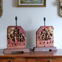 pair carved polychrome oriental table lamps elephant relief