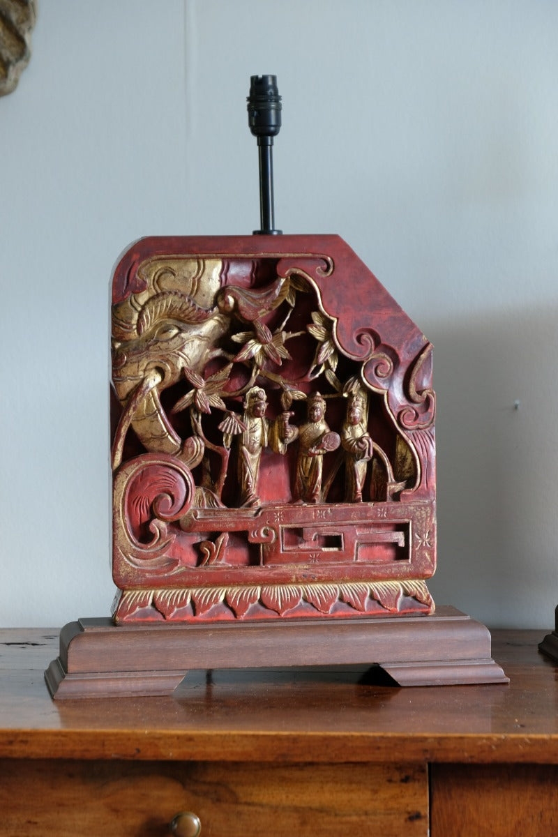 pair carved polychrome oriental table lamps elephant relief