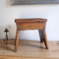 19th Century Vernacular Pine Stool with V-Cut Sides and Worn Grab Handle Seat