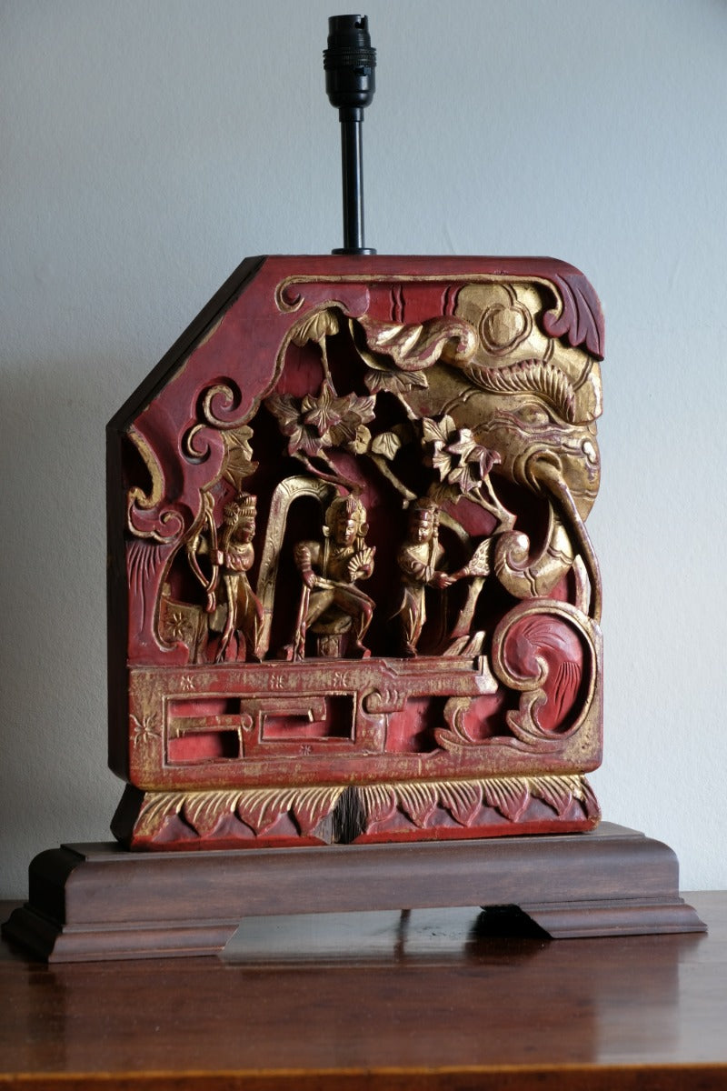 pair carved polychrome oriental table lamps elephant relief