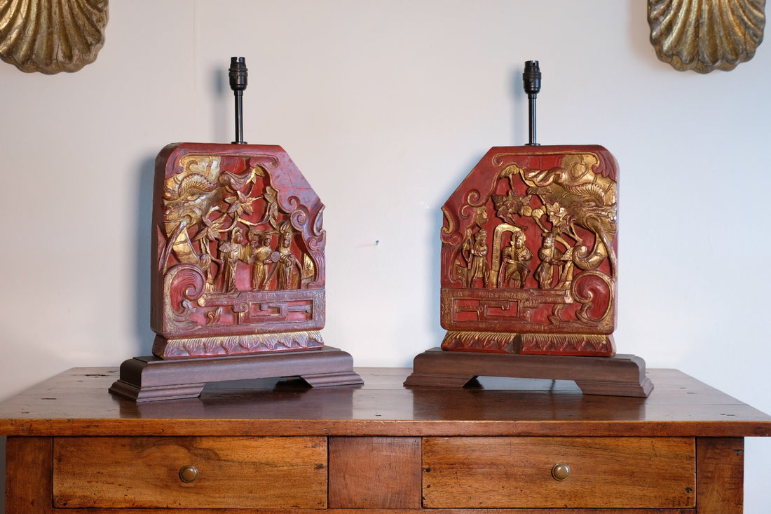polychrome floral and figure carving on oriental lamp
