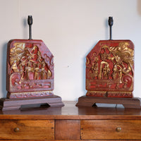 polychrome floral and figure carving on oriental lamp