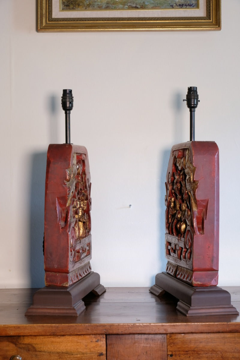 pair carved polychrome oriental table lamps elephant relief