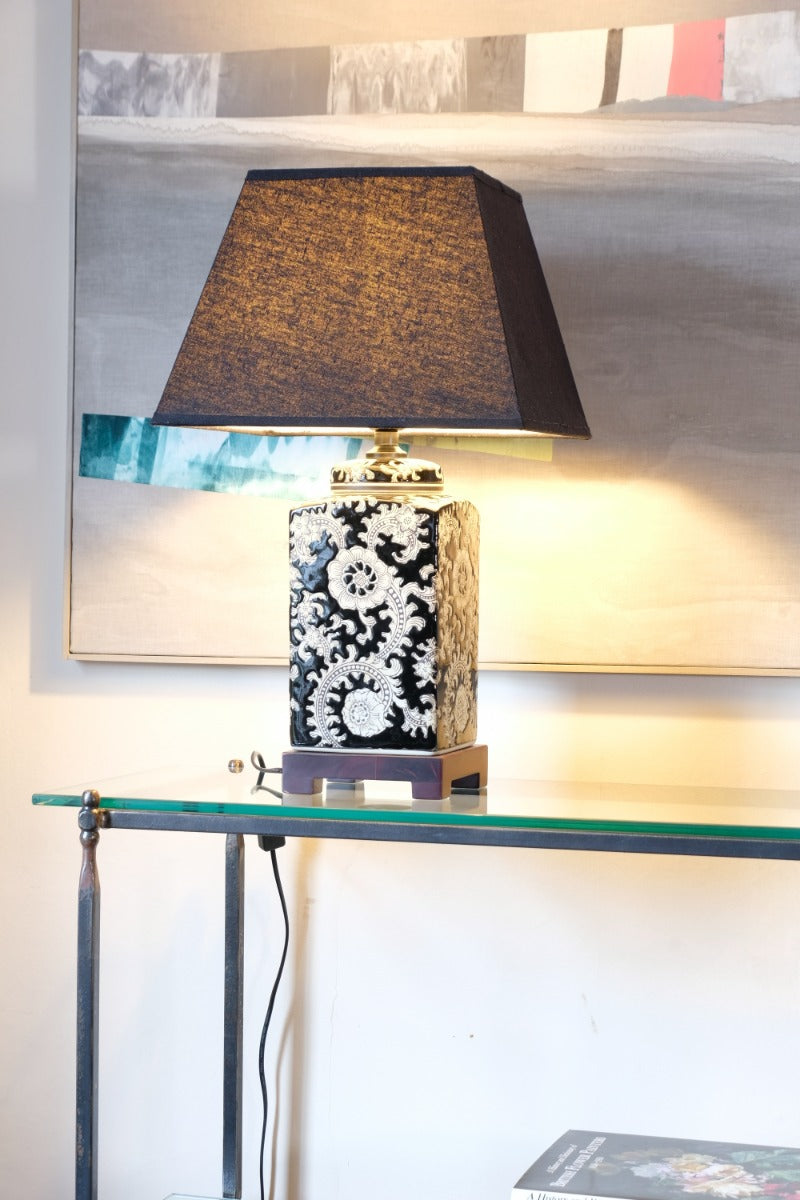 Oriental decorated ceramic lamp black cream floral motif
