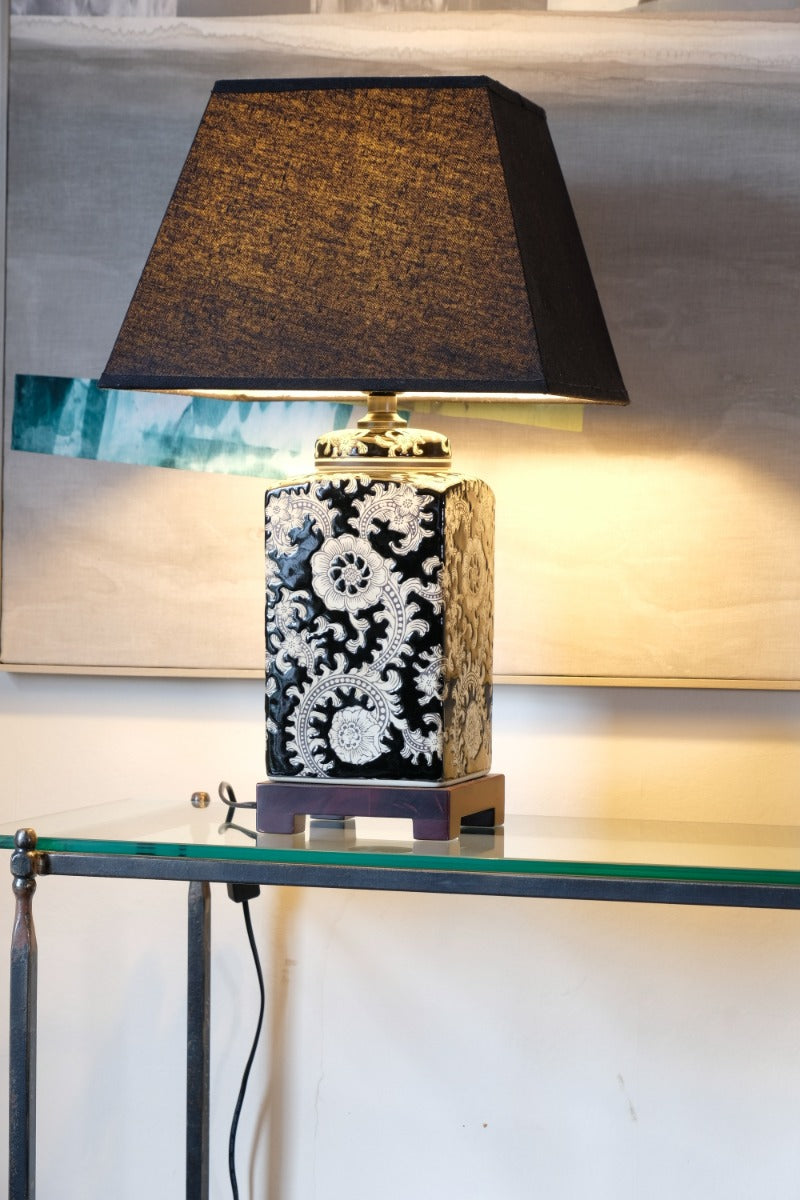 Oriental decorated ceramic lamp black cream floral motif