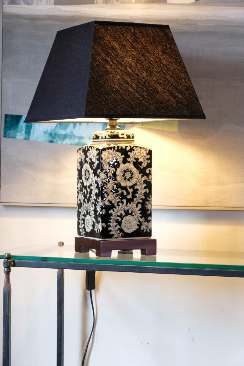 Oriental decorated ceramic lamp black cream floral motif