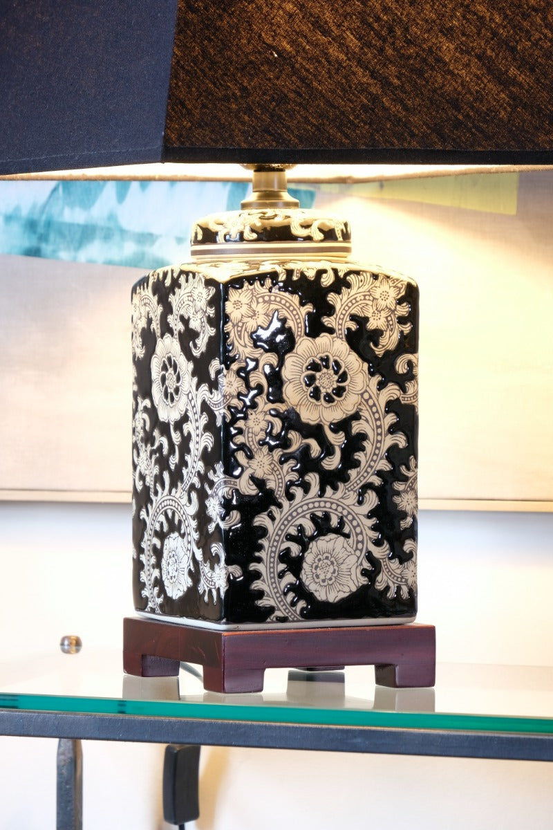 Oriental decorated ceramic lamp black cream floral motif