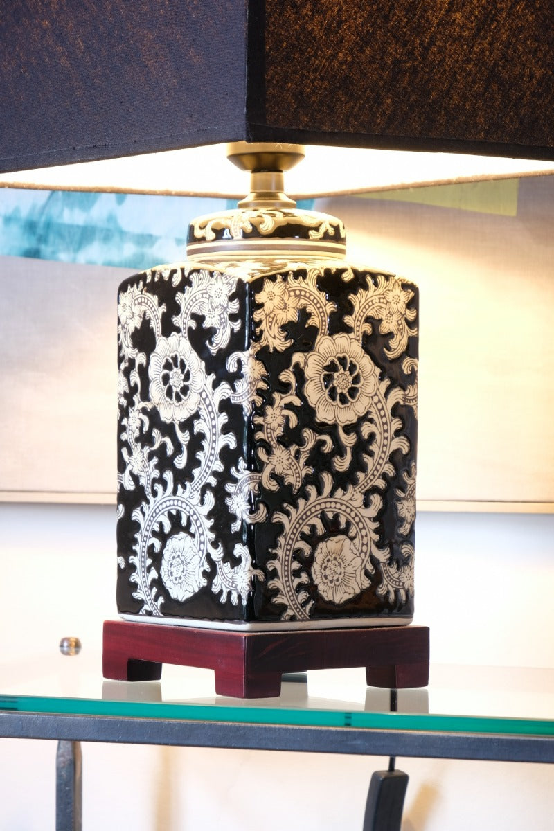 Oriental decorated ceramic lamp black cream floral motif