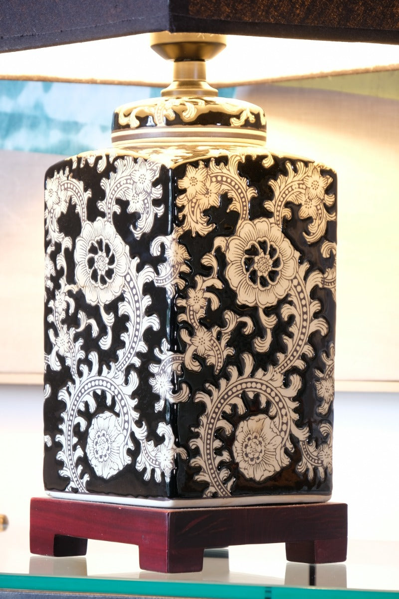 Oriental decorated ceramic lamp black cream floral motif