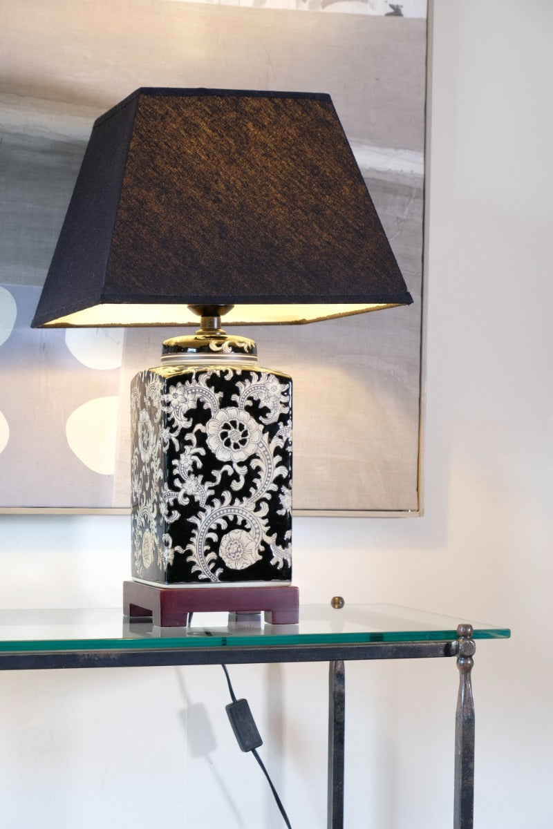 Oriental decorated ceramic lamp black cream floral motif
