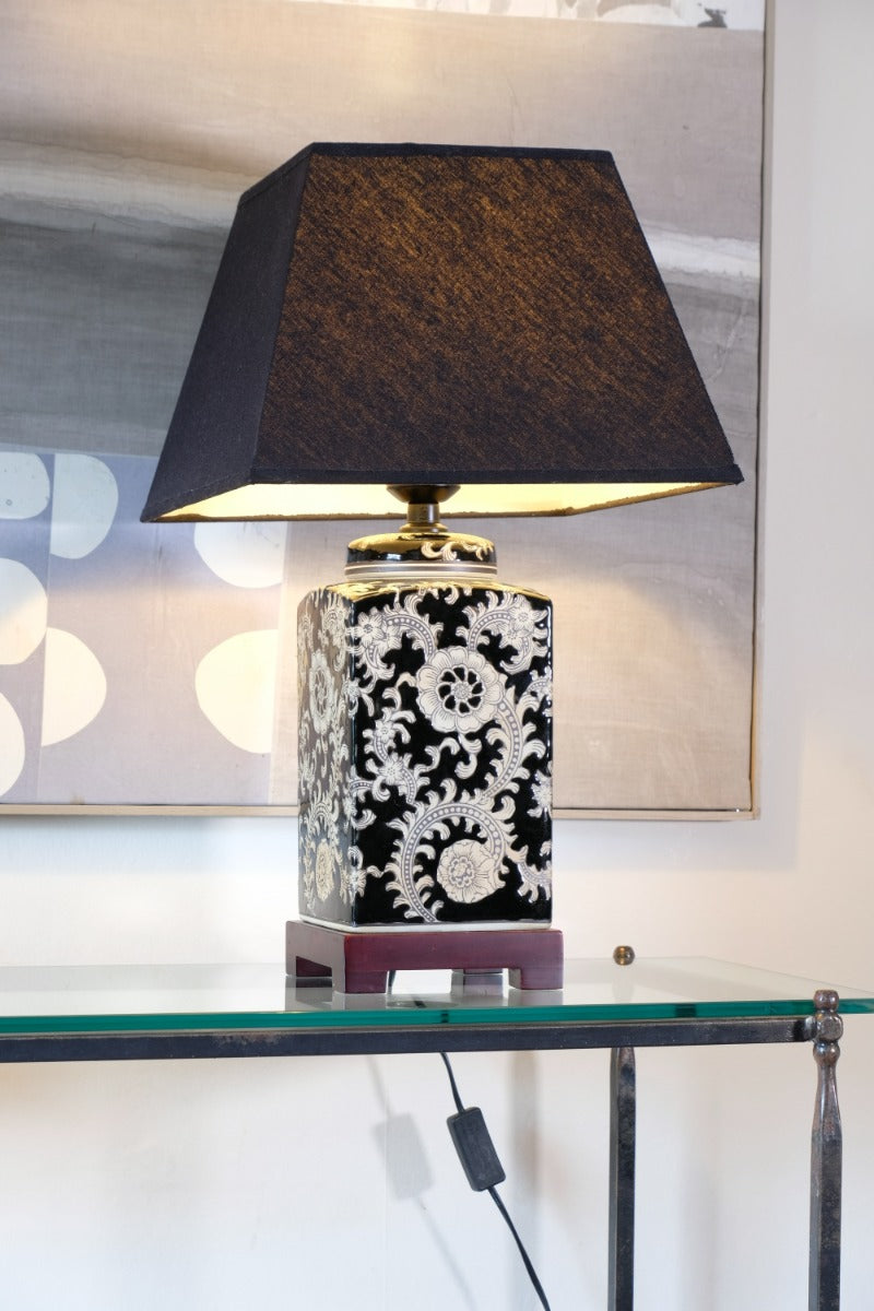 Oriental decorated ceramic lamp black cream floral motif