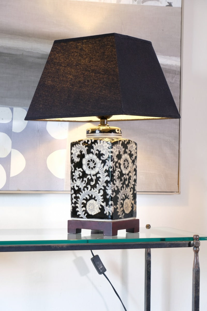 Oriental decorated ceramic lamp black cream floral motif