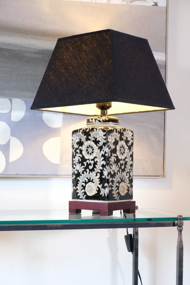 Oriental decorated ceramic lamp black cream floral motif