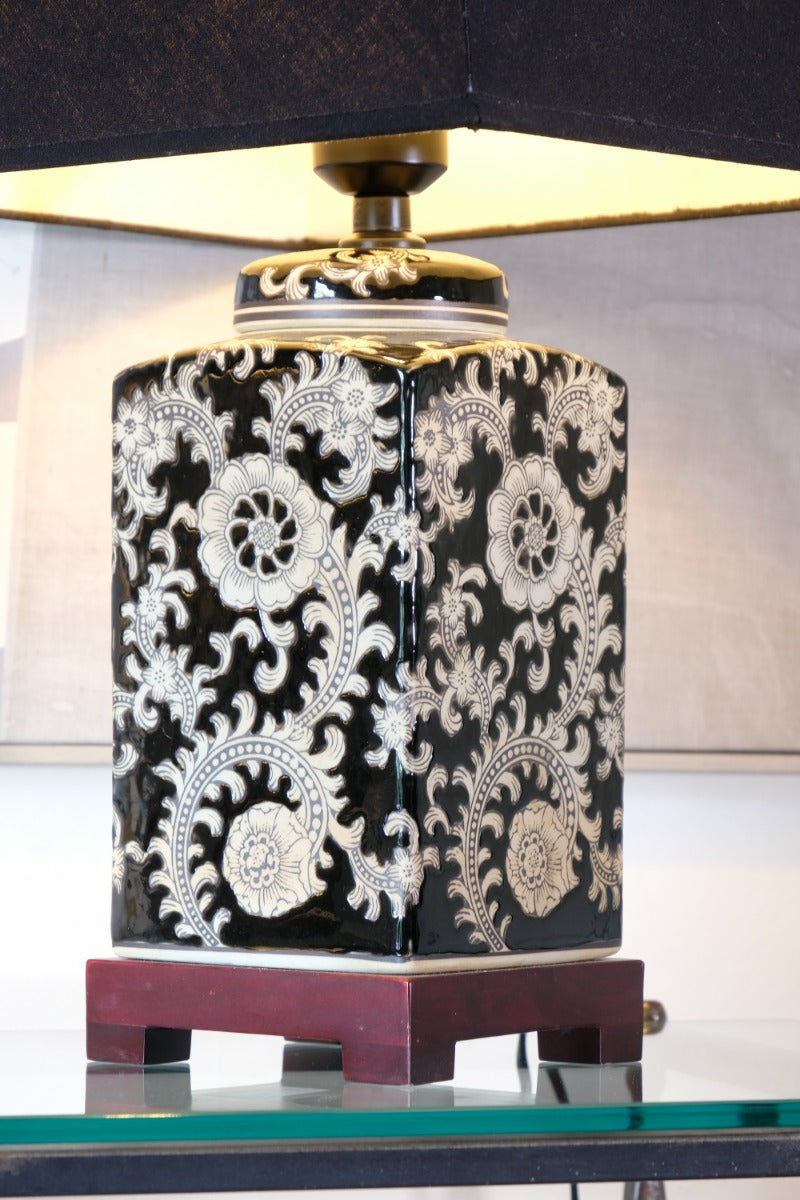 Oriental decorated ceramic lamp black cream floral motif