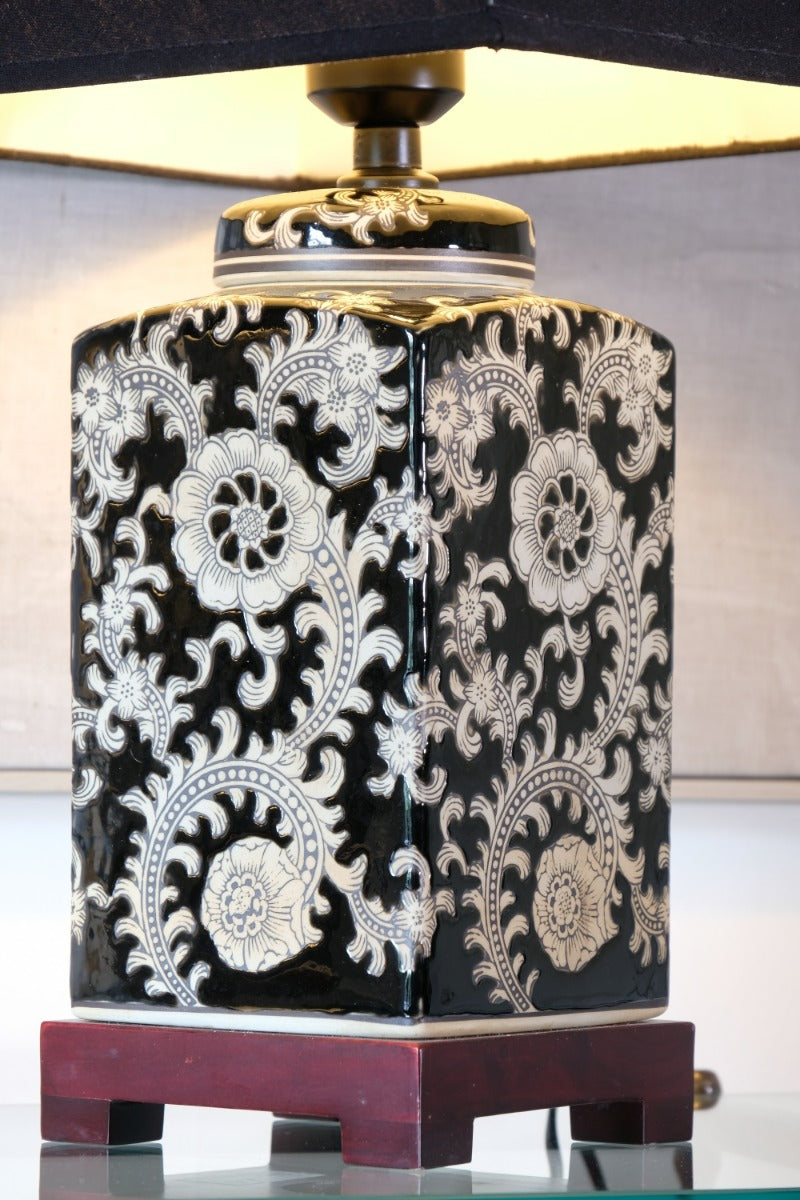 Oriental decorated ceramic lamp black cream floral motif