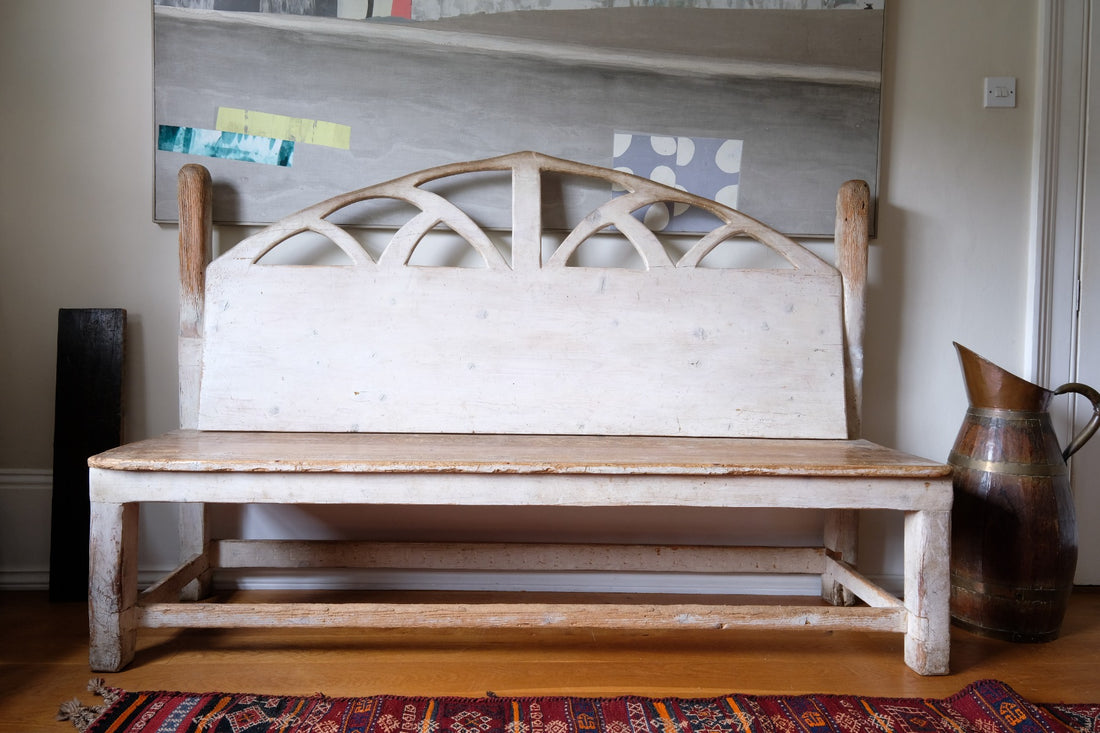 19th Century Gothic Painted Pine Hall Bench with Fretwork Detail