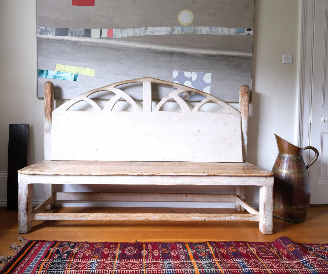 19th Century Gothic Painted Pine Hall Bench with Fretwork Detail