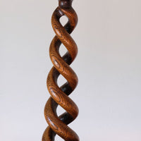 Close view of two entwined oak strands forming an open barley-twist stem
