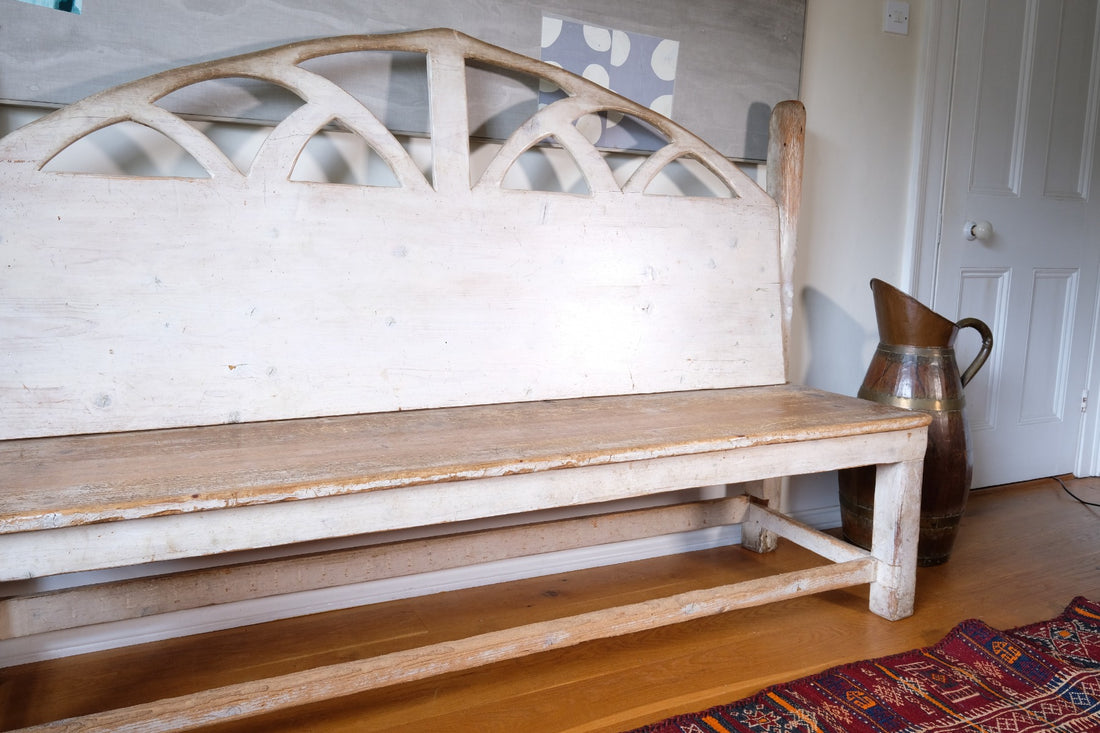 19th Century Gothic Painted Pine Hall Bench with Fretwork Detail
