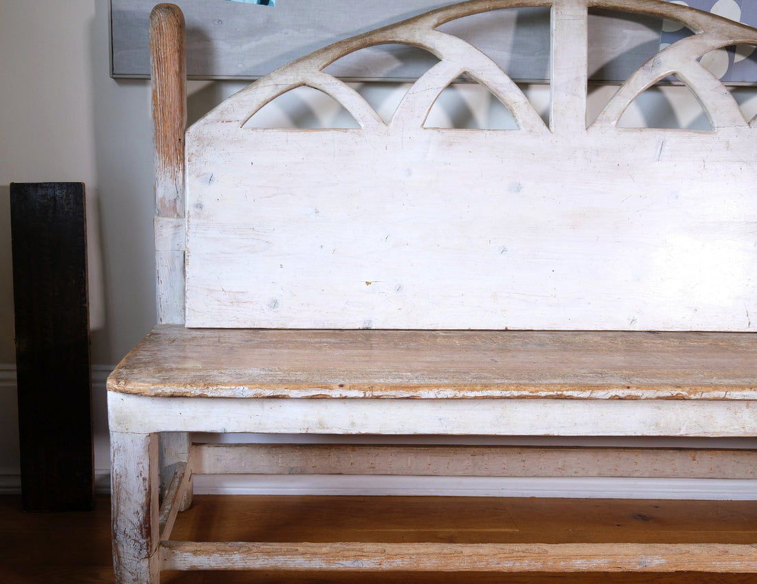 19th Century Gothic Painted Pine Hall Bench with Fretwork Detail