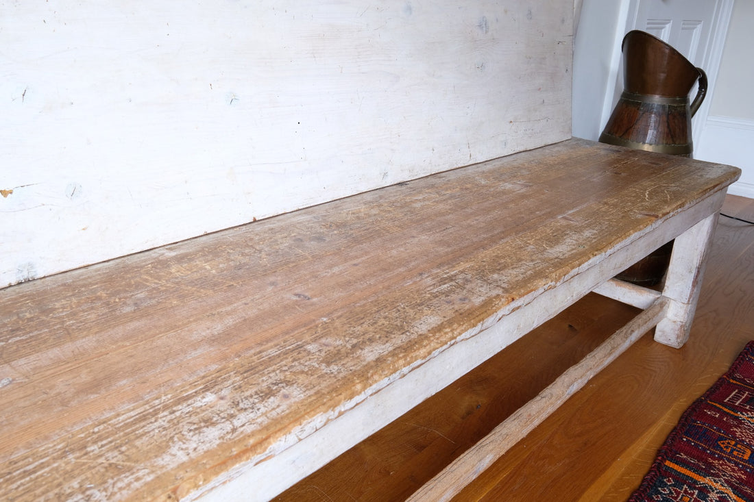 19th Century Gothic Painted Pine Hall Bench with Fretwork Detail