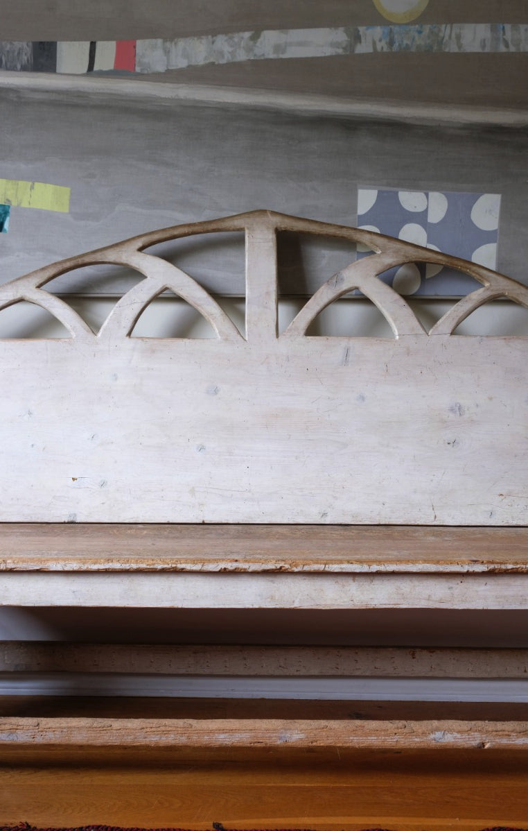 19th Century Gothic Painted Pine Hall Bench with Fretwork Detail