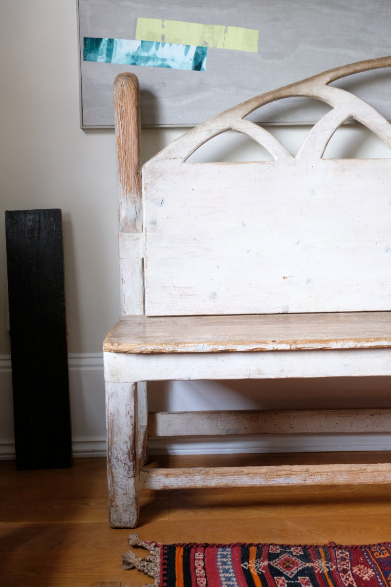 19th Century Gothic Painted Pine Hall Bench with Fretwork Detail
