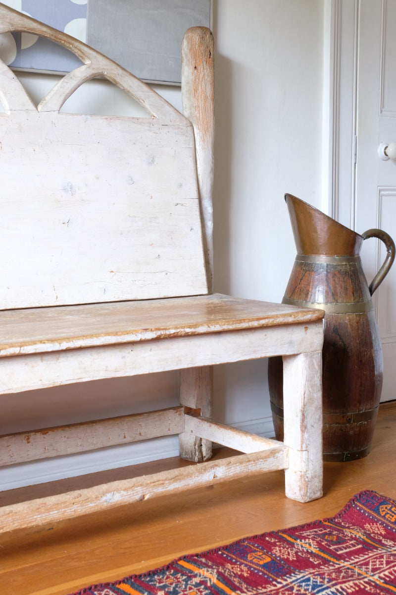 19th Century Gothic Painted Pine Hall Bench with Fretwork Detail