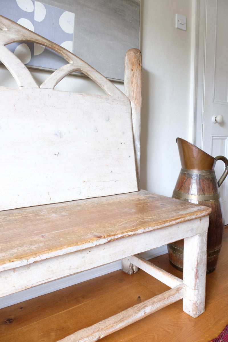 19th Century Gothic Painted Pine Hall Bench with Fretwork Detail