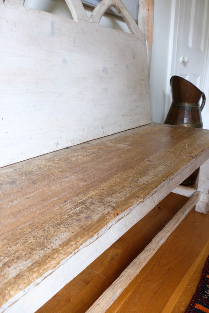 19th Century Gothic Painted Pine Hall Bench with Fretwork Detail