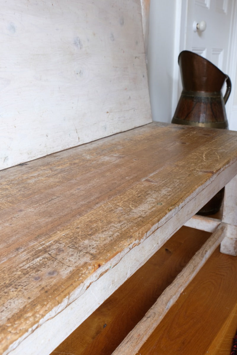 19th Century Gothic Painted Pine Hall Bench with Fretwork Detail