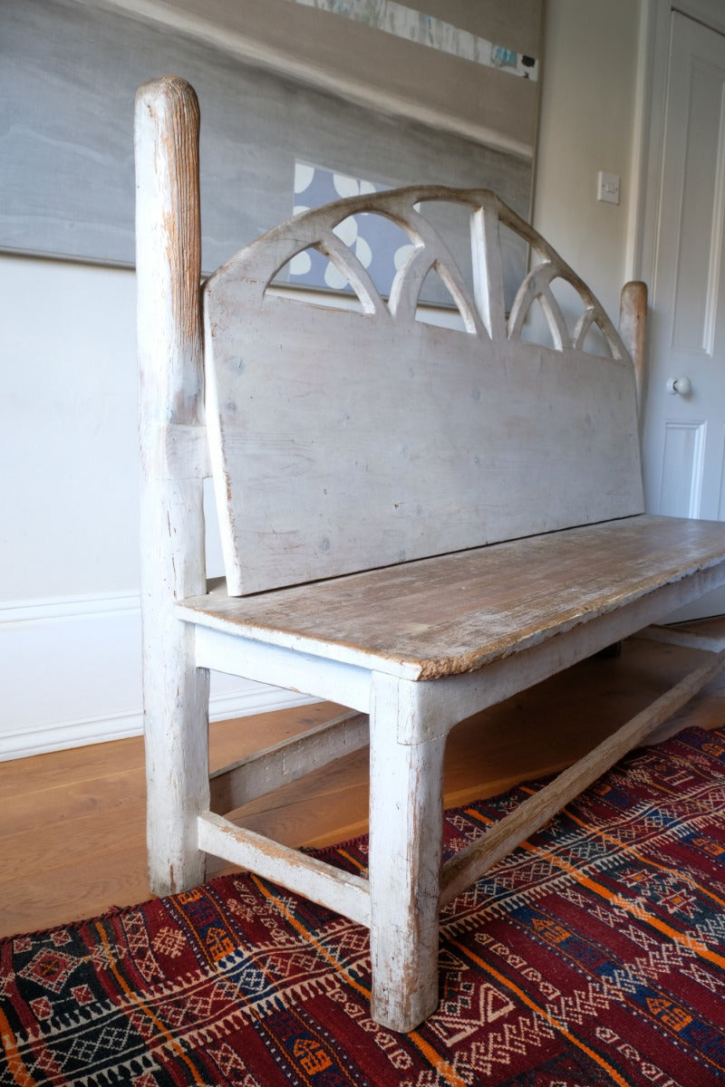 19th Century Gothic Painted Pine Hall Bench with Fretwork Detail