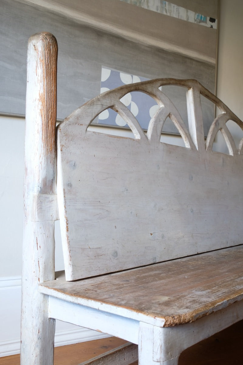 19th Century Gothic Painted Pine Hall Bench with Fretwork Detail