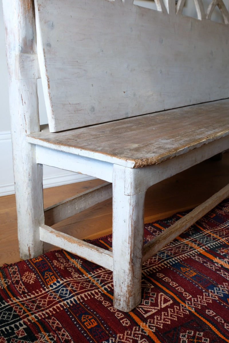 19th Century Gothic Painted Pine Hall Bench with Fretwork Detail