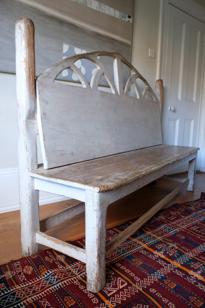 19th Century Gothic Painted Pine Hall Bench with Fretwork Detail