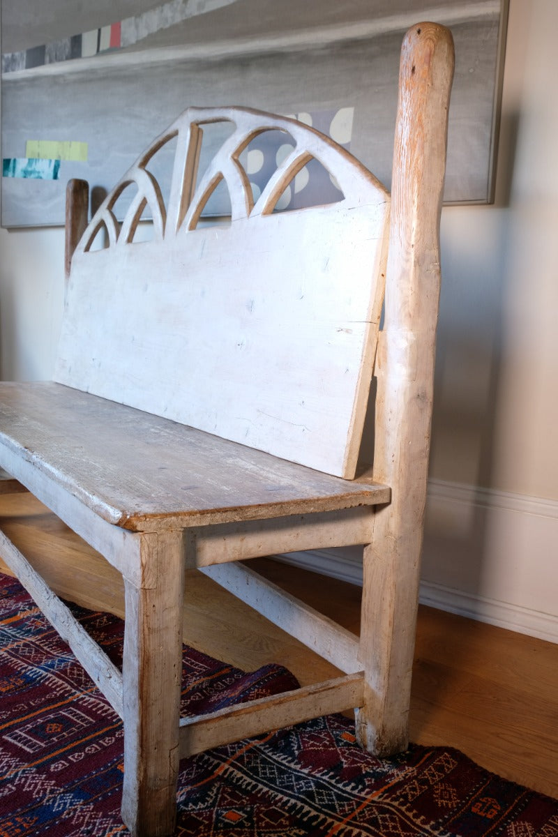 19th Century Gothic Painted Pine Hall Bench with Fretwork Detail