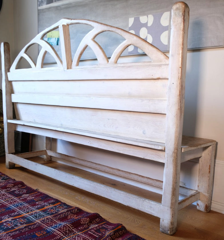 19th Century Gothic Painted Pine Hall Bench with Fretwork Detail