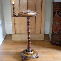 Mid-Victorian burr walnut candle stand with fixed candle arm and barley-twist column